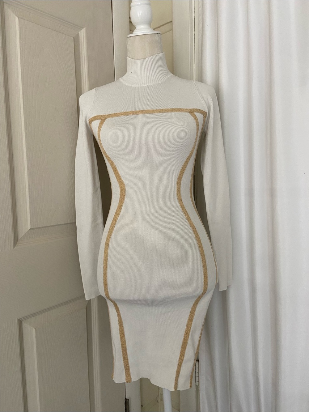 Hera Collection Cream Long-Sleeve Bodycon Knit Dress with Gold Trim